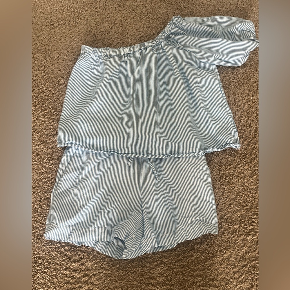 LOFT Blue Striped Off-Shoulder Top and Shorts Set